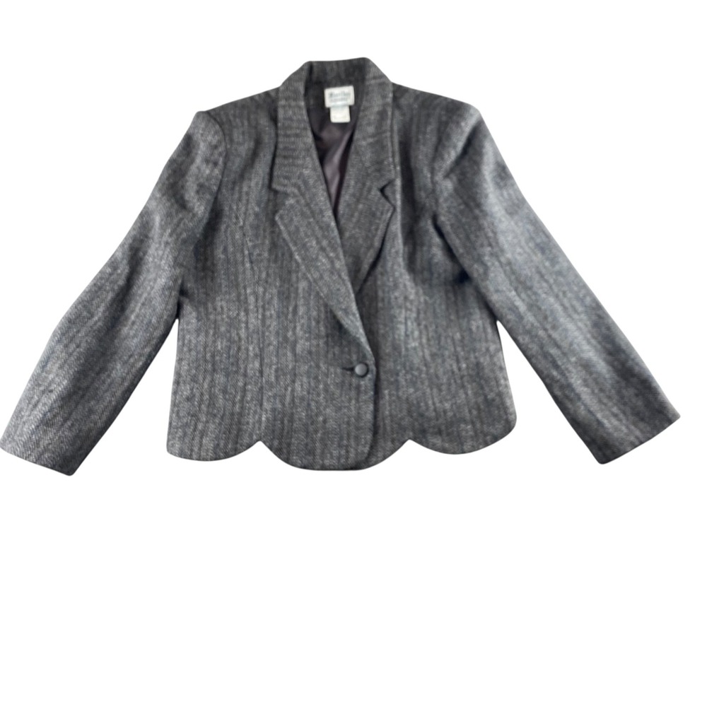 VTG Barclay Square Grey Herringbone Wool Blazer Scalloped Hem Single Button 14